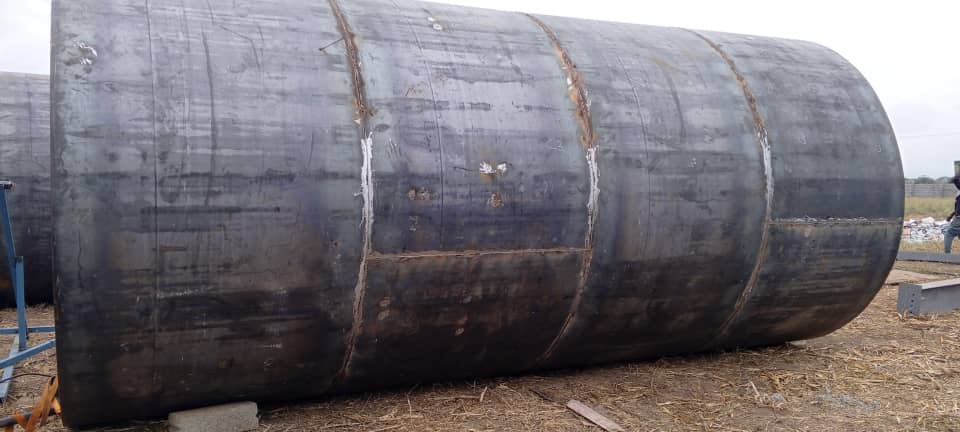 Fabricated steel tank shell in a workshop